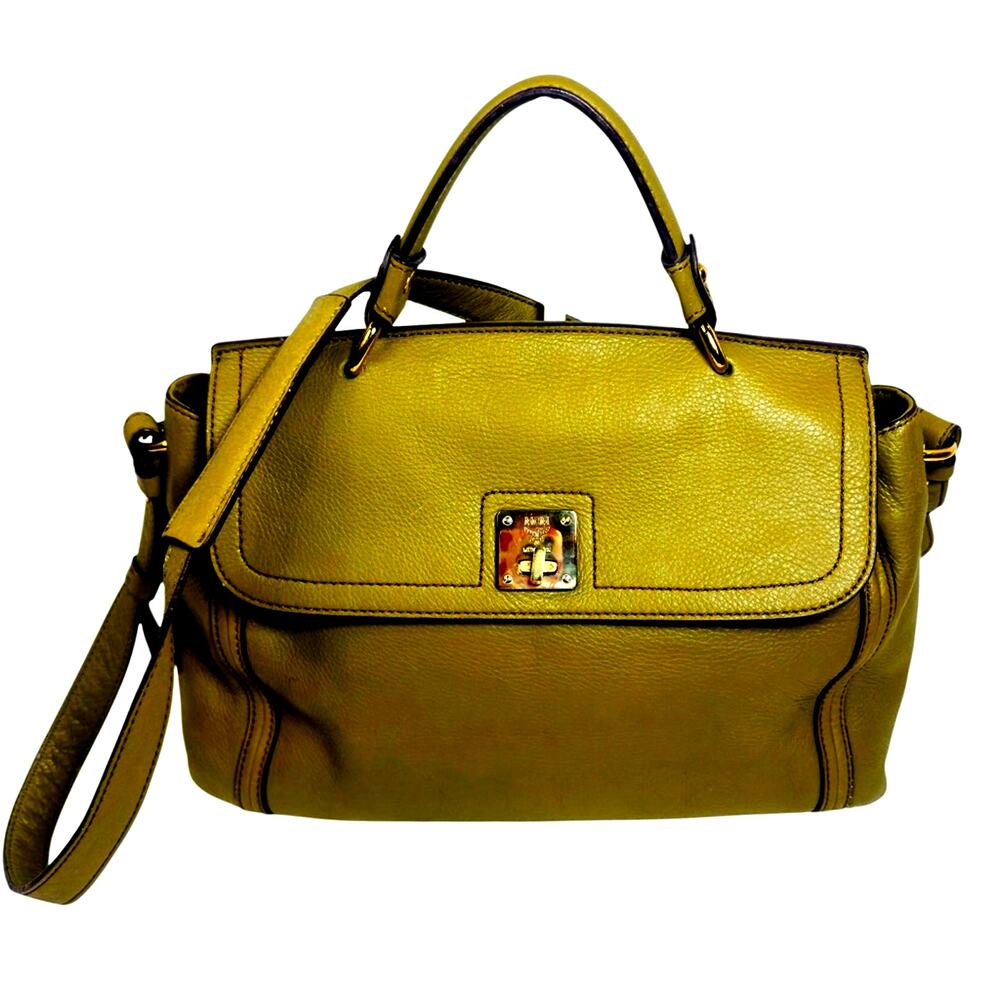 MCM Pebbled Leather Top Handle/Crossbody Bag – Gold Hardware-Chartreuse Green